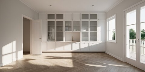 Modern minimalist kitchen, white cabinets with glass doors, subway tile backsplash, wooden floor, natural light, window view, clean lines, stainless steel sink, neutral color palette, empty countertop