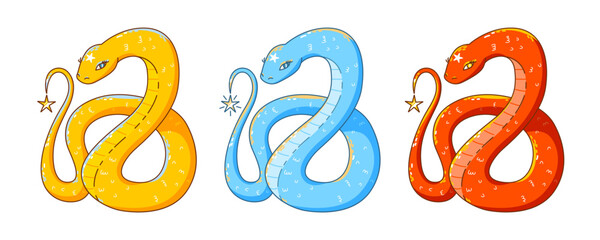 Set of cute cartoon snakes with stars isolated on white - symbol of Chinese New Year 2025