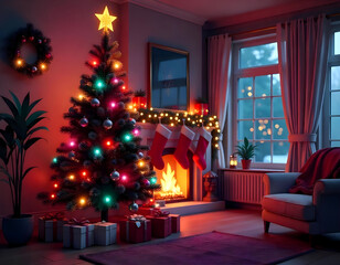 Christmas tree with ornaments, surrounded by presents and a warm fireplace glowing in the background - balls, garlands, bulbs, tinsel, presents, fireplace.