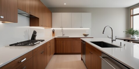 Modern kitchen interior, wood cabinets, quartz countertops, stainless steel appliances, subway tile backsplash, recessed lighting, minimalist design, U-shaped layout, natural light, clean lines, conte