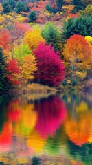  Wide view of a lake surrounded by autumn trees with vibrant colors, calm water reflecting the foliage