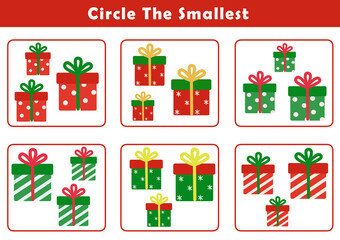 Christmas activity sheet. Education game for children with cute christmas illustration. Circle the smallest object in each group. Fun and educational size comparison worksheets for kids. 