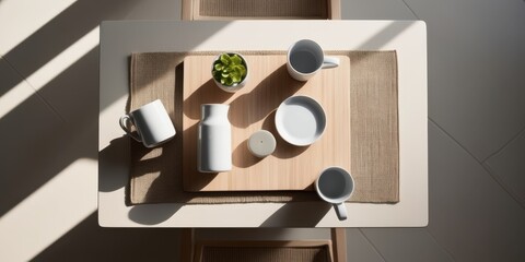 Overhead view, minimalist coffee set, white porcelain cups, wooden tray, zen aesthetic, symmetrical arrangement, light and shadow, neutral tones, clean lines, Japanese-inspired design, simplicity, neg