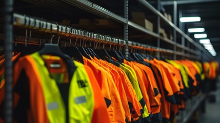 Fototapeta premium PPE drying racks filled with recently cleaned high-visibility vests and jackets, ensuring compliance with care guidelines