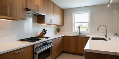 Modern kitchen interior, wood cabinets, white countertops, stainless steel appliances, minimalist design, natural light, window view, clean lines, neutral color palette, spacious layout, undermount si