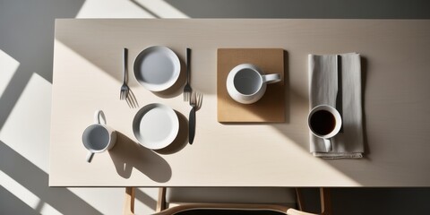 Overhead view, minimalist coffee set, white porcelain cups, wooden tray, zen aesthetic, symmetrical arrangement, light and shadow, neutral tones, clean lines, Japanese-inspired design, simplicity, neg