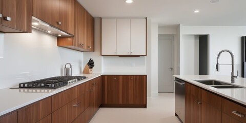 Modern kitchen interior, wood cabinets, white countertops, stainless steel appliances, minimalist design, natural light, window view, clean lines, neutral color palette, spacious layout, undermount si