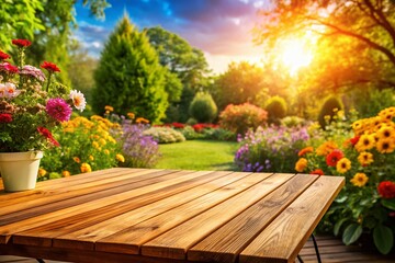 Fototapeta premium Summer Garden Patio with Empty Wooden Table for Product Presentation Photography