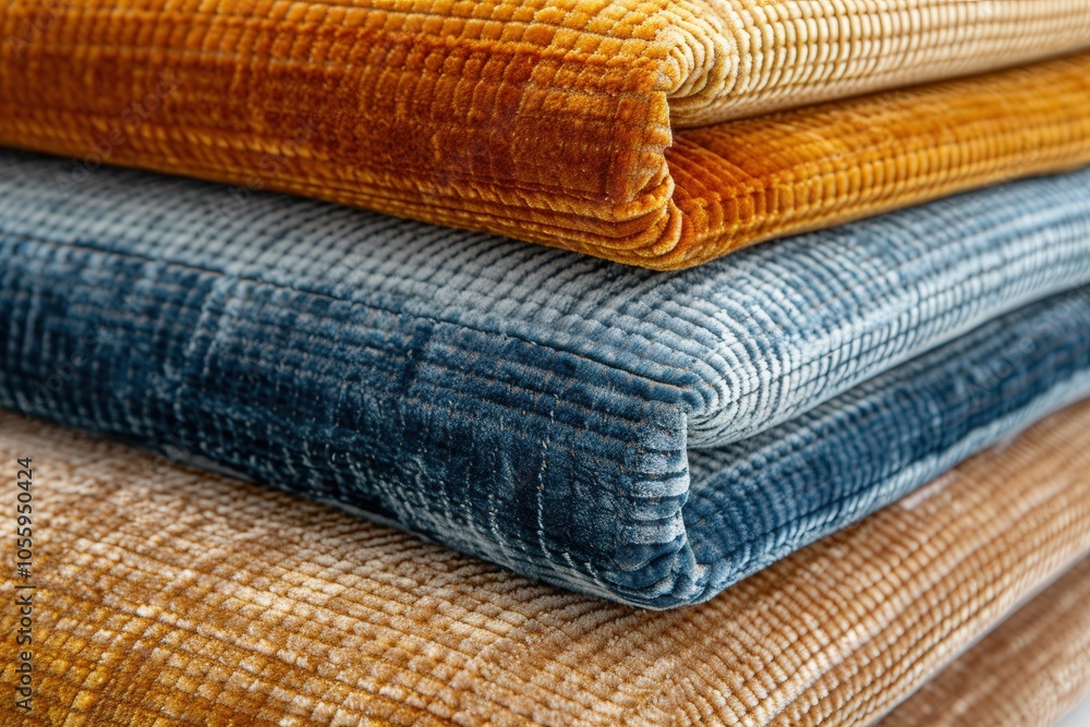 Poster a stack of colorful blankets with a blue one on the bottom