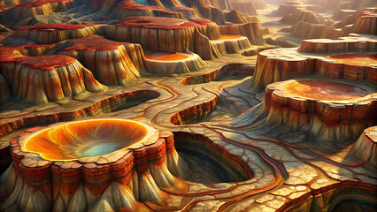 Obraz premium Aerial view of colorful canyon landscape with rock formations and dramatic textures depicting natural beauty