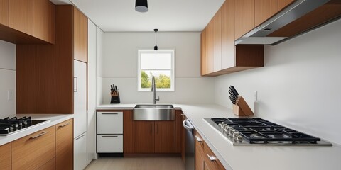 Modern minimalist kitchen, white textured tile walls, wooden cabinetry, stainless steel appliances, sleek countertops, recessed lighting, clean lines, neutral color palette, open concept, contemporary