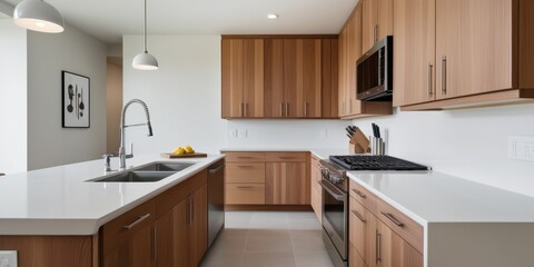Modern minimalist kitchen, white textured tile walls, wooden cabinetry, stainless steel appliances, sleek countertops, recessed lighting, clean lines, neutral color palette, open concept, contemporary