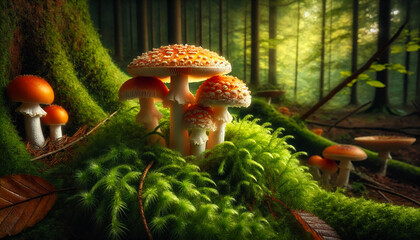 Orange and White Mushrooms Sprouting in Mossy Woodland
