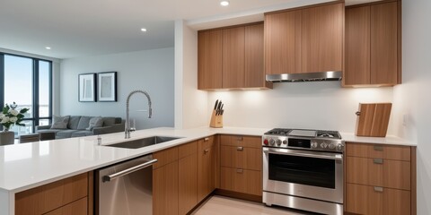 Modern minimalist kitchen, white textured tile walls, wooden cabinetry, stainless steel appliances, sleek countertops, recessed lighting, clean lines, neutral color palette, open concept, contemporary