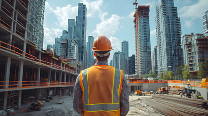 Construction worker in a hard hat and reflective vest overseeing a large urban construction site with towering skyscrapers, representing city expansion and progress.