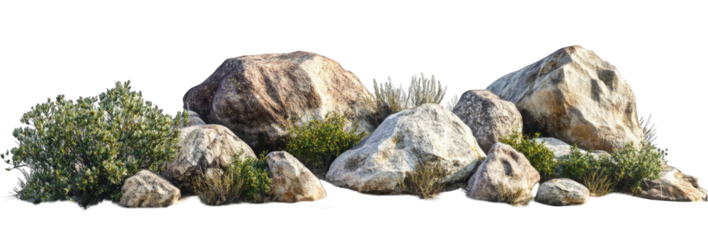 large rocks and small bushes on the ground, isolated against a white background. The scene should be in a desert environment with clear skies