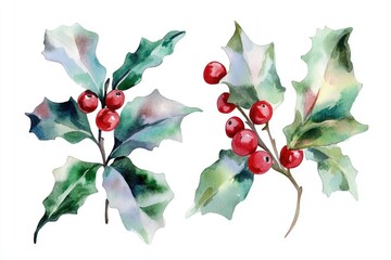 Festive Holly Berry Watercolor Illustration for Christmas and New Year Decoration