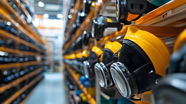 Proper storage racks for clean respirators in a petrochemical plant, ensuring compliance with PPE maintenance and care guidelines
