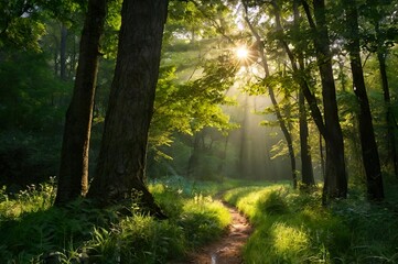 Fototapeta premium a path through the forest with the sun shining through the trees