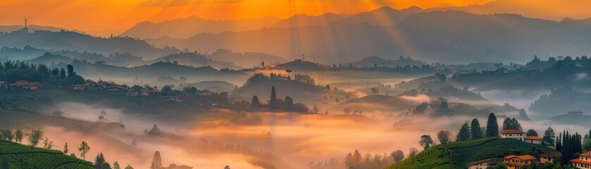 Obraz premium A foggy mountain landscape with a bright orange sun in the sky