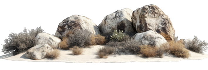 large rocks and small bushes on the ground, isolated against a white background. The scene should be in a desert environment with clear skies