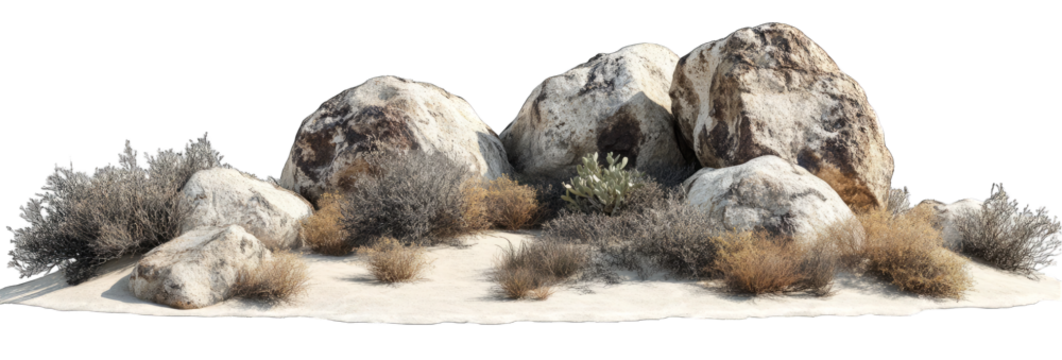 large rocks and small bushes on the ground, isolated against a white background. The scene should be in a desert environment with clear skies - Powered by Adobe