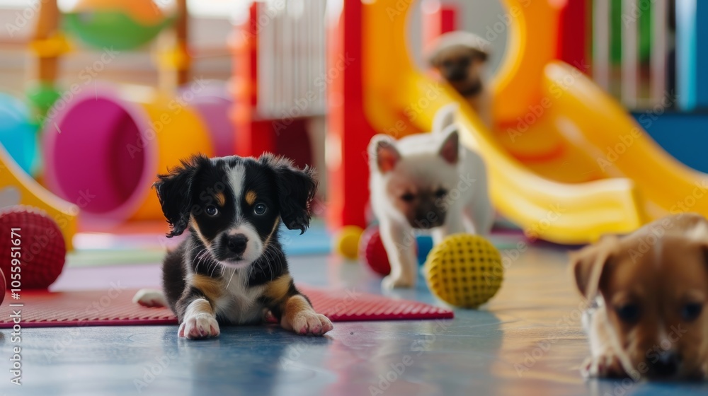Poster a designated area for training and socializing puppies with various obstacles and toys for them to l