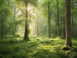 Obraz premium Sunlight in a green forest. Forest sunbeam. Ray of sunlight in forest green. Mossy forest sunbeam