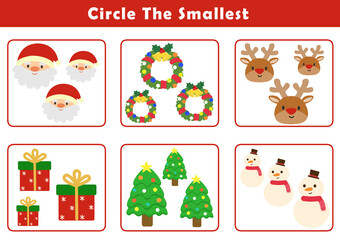 Christmas activity sheet. Education game for children with cute christmas illustration. Circle the smallest object in each group. Fun and educational size comparison worksheets for kids.