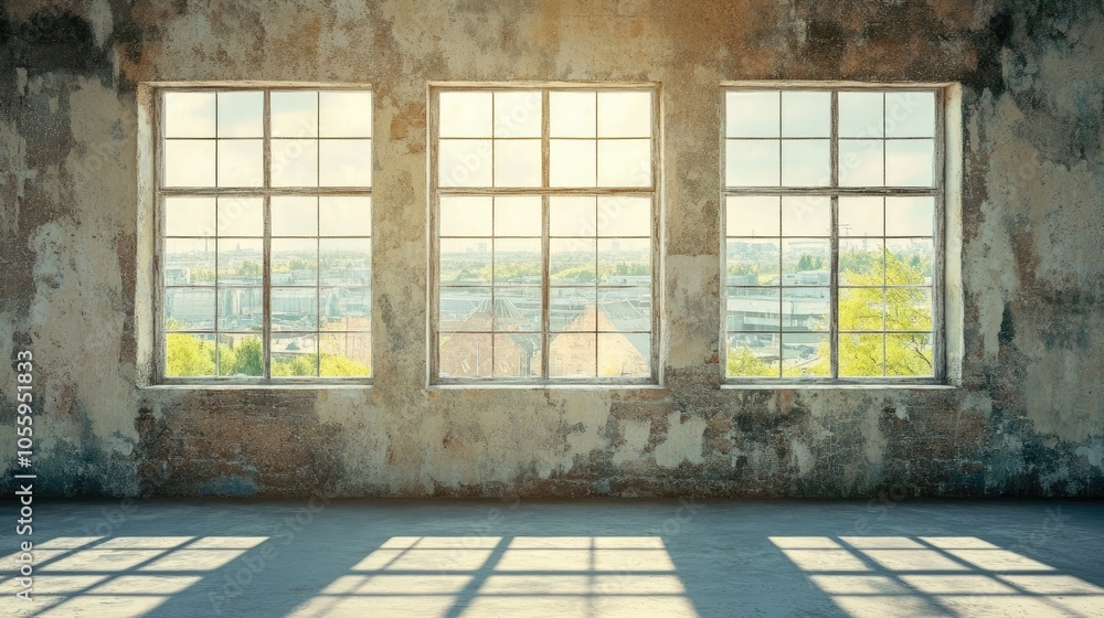 Aufkleber old textured wall featuring panoramic windows, with ample space for adding text or creative design.
