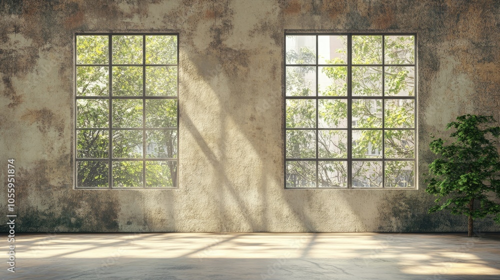 Aufkleber old textured wall featuring panoramic windows, with ample space for adding text or creative design.