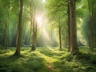 Naklejka premium Sunlight in a green forest. Forest sunbeam. Ray of sunlight in forest green. Mossy forest sunbeam