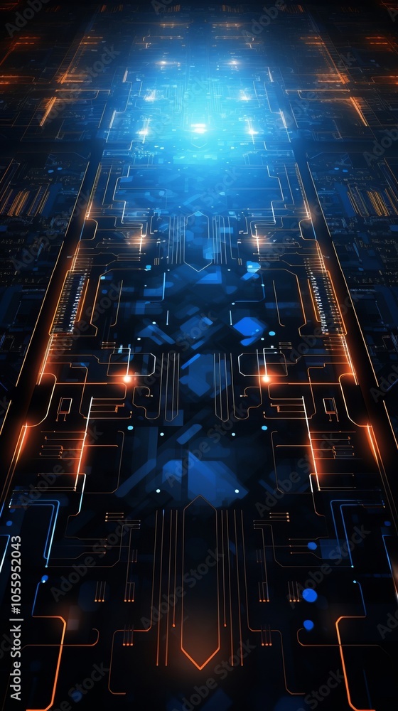 Poster a blue and orange computer chip image with a bright blue light in the middle. the image is of a futu