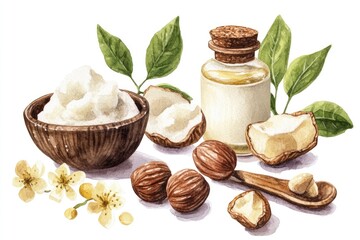 Fototapeta premium Organic Shea Butter and Nut Skincare Set with Watercolor Hand-drawn Illustration
