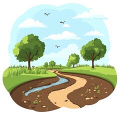 Obraz premium A serene landscape with a winding path, trees, and a gentle stream under a blue sky.