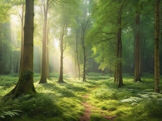 Obraz premium Sunlight in a green forest. Forest sunbeam. Ray of sunlight in forest green. Mossy forest sunbeam