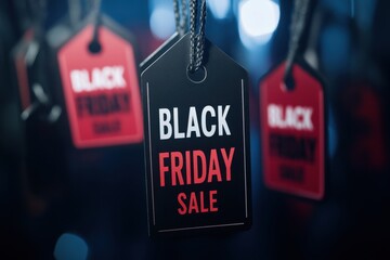 Black background with hanging black, white, and red tags on it that say "BLACK FRIDAY SALE" in large letters. This appears to be a promotional image for a Black Friday sale Generative AI