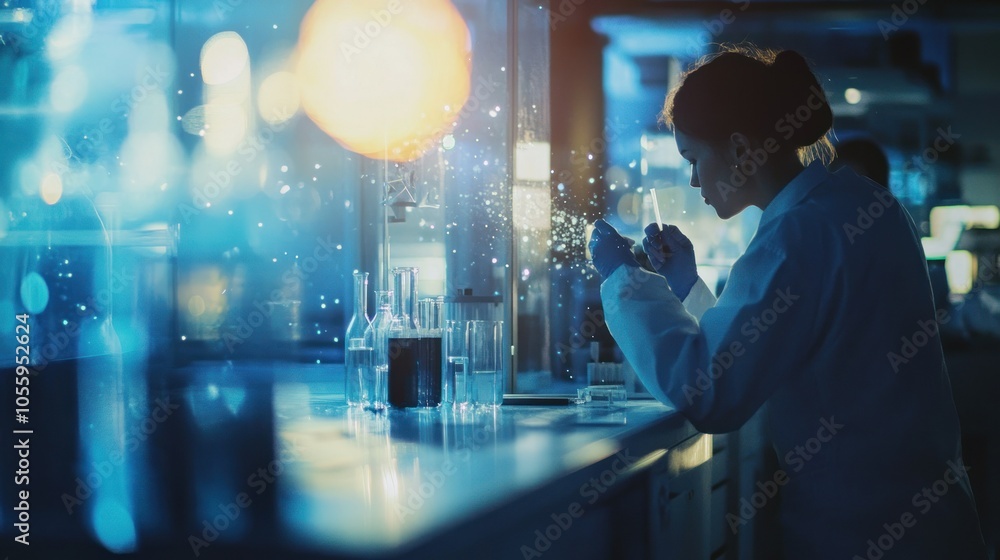 Poster a scientist in a lab coat analyzing a chemical sample