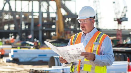 Fototapeta premium Civil Engineer Reviewing Blueprints at a Bustling Construction Site at Sunset