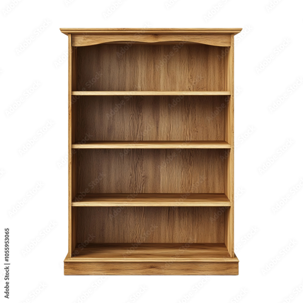 Poster a simple wooden bookshelf with four spacious shelves, designed for organization and display, set aga