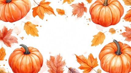 Naklejka premium Watercolor seamless pattern of orange pumpkins and autumn leaves