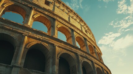 Stone arches of the Colosseum in Rome, Italy, beautifully lit by golden sunlight with blue skies beyond