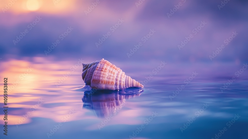 Poster seashell resting on a reflective surface in hues of purple and blue, with empty space for text.
