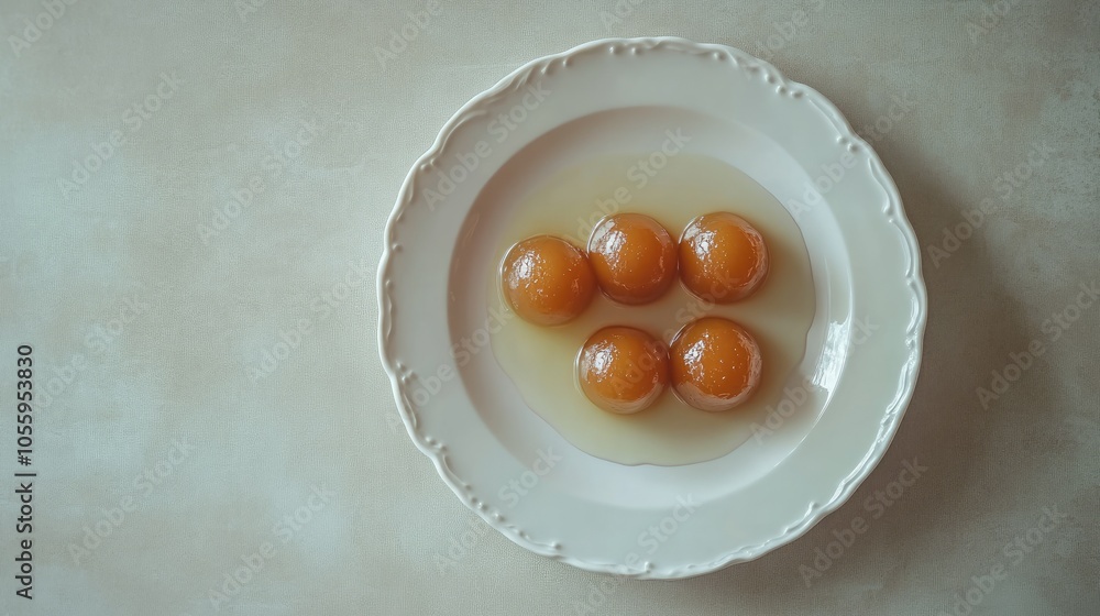 Poster simple and elegant composition of syrupy gulab jamun on a white plate, in a minimalistic setting wit