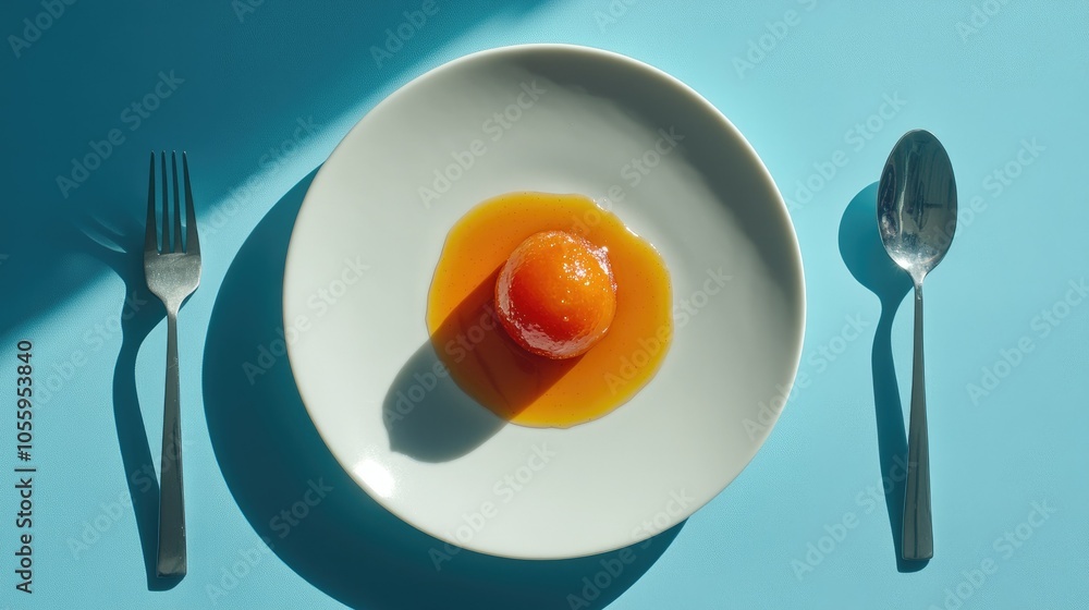 Poster simple and elegant composition of syrupy gulab jamun on a white plate, in a minimalistic setting wit