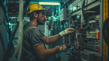 Fototapeta premium Industrial Electrician Working on Electrical Panel with Safety Gear in Bright Facility Lighting