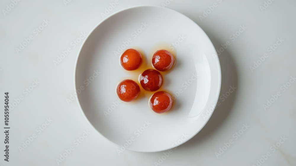 Poster simple and elegant composition of syrupy gulab jamun on a white plate, in a minimalistic setting wit