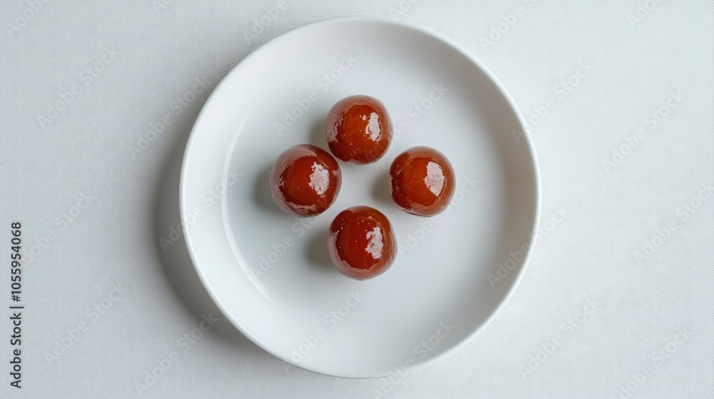 Poster simple and elegant composition of syrupy gulab jamun on a white plate, in a minimalistic setting wit