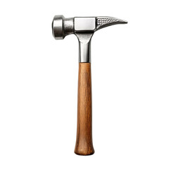 A metallic hammer with a wooden handle, designed for driving nails and performing various carpentry tasks, set against a transparency background.