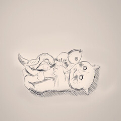sketch of a cat hugging a fish on a sepia background
